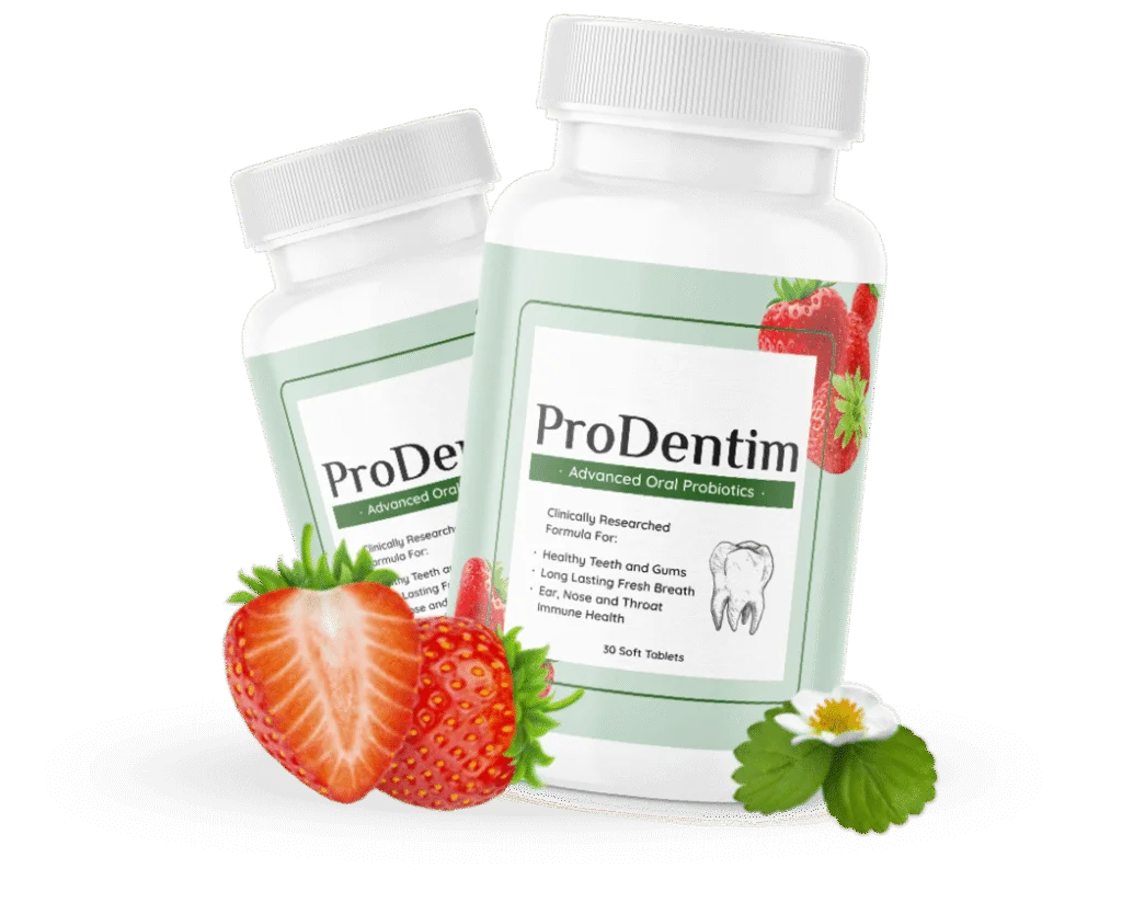 Two bottles of ProDentim oral probiotics with fresh strawberries