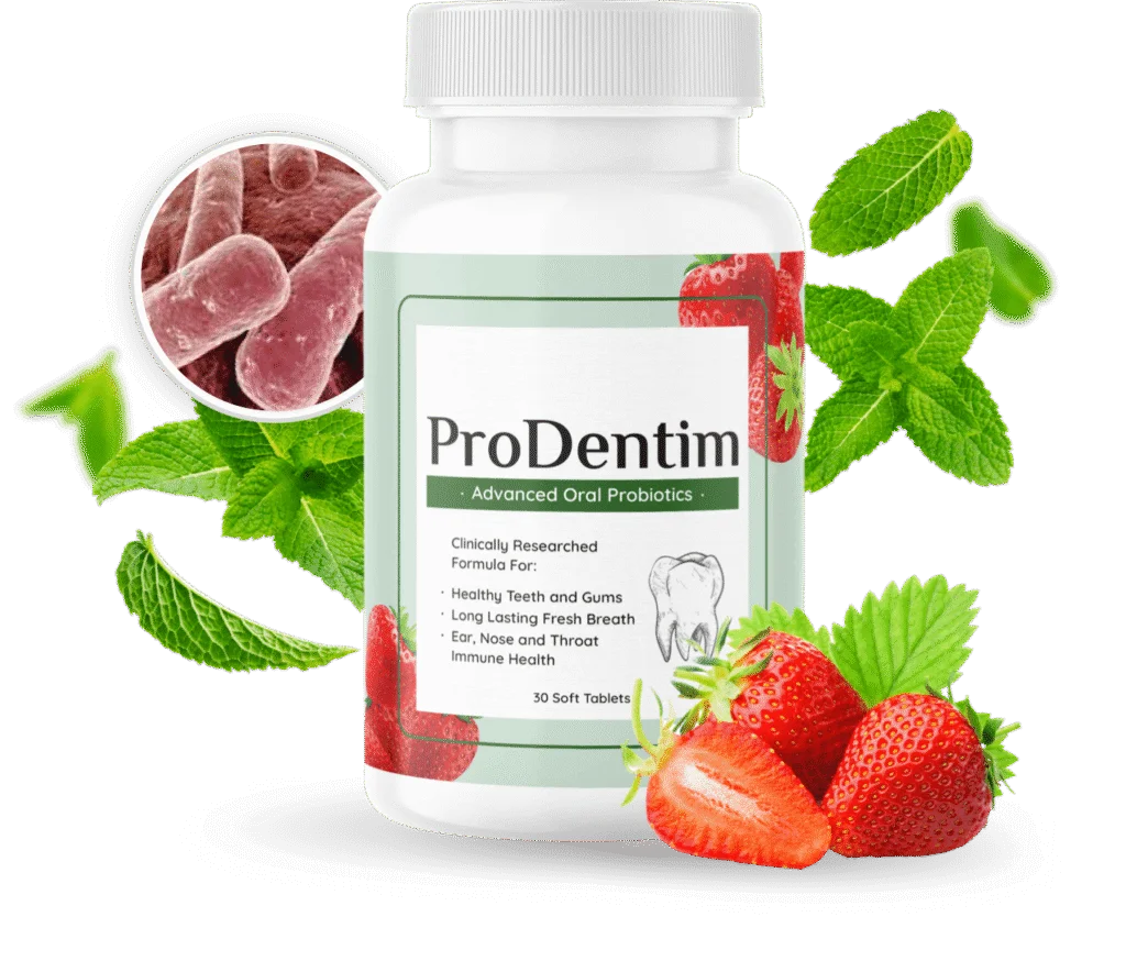 ProDentim bottle of advanced oral probiotics surrounded by strawberries and fresh mint
